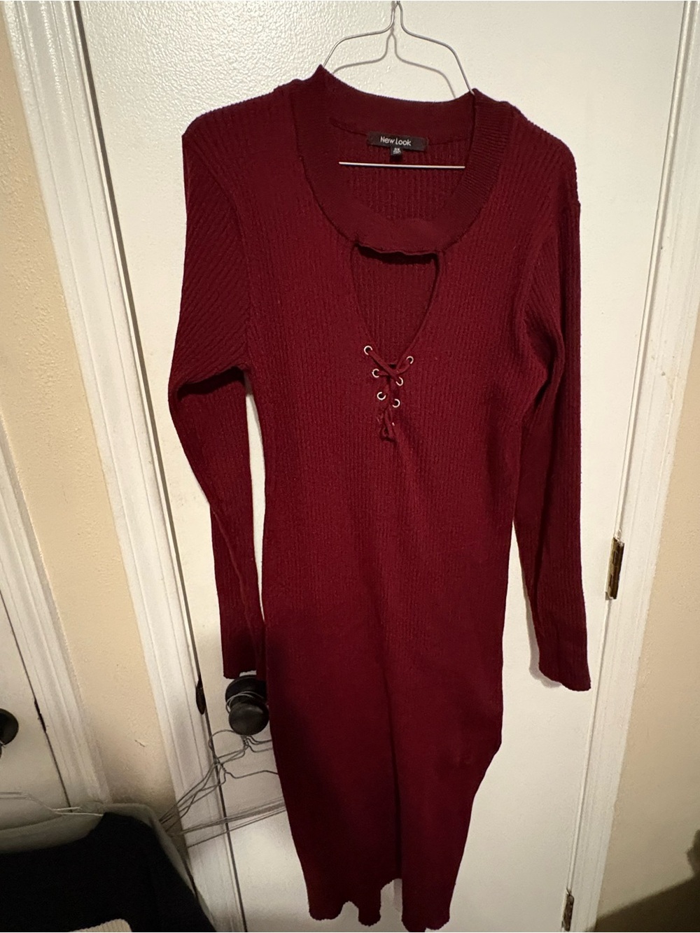 New Look Burgundy Lace-Up Long Sleeve Ribbed Dress